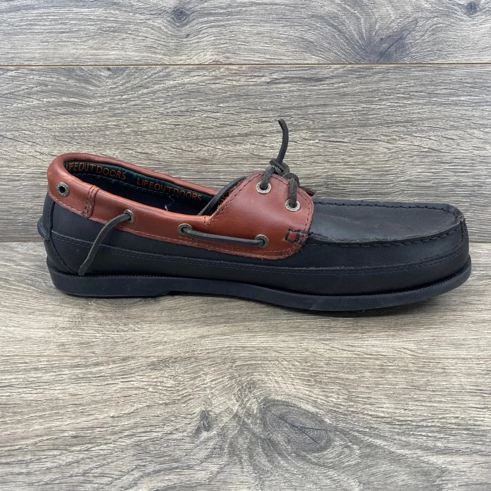 LifeOutdoors Boat Shoes Mens 11.5 D Black Brown Leather Nautical Loafers 607376